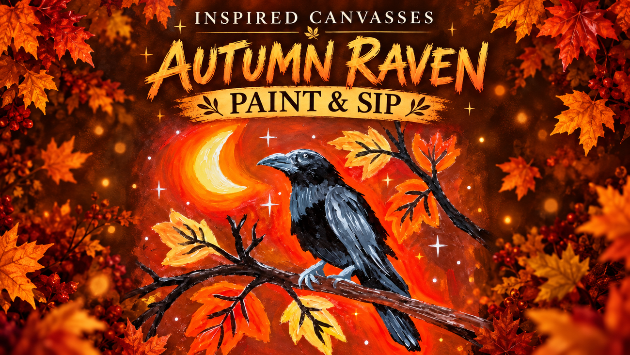 Autumn Raven Paint and Sip by Inspired Canvasses: a raven perched beneath a crescent moon, surrounded by orange and gold autumn leaves.
